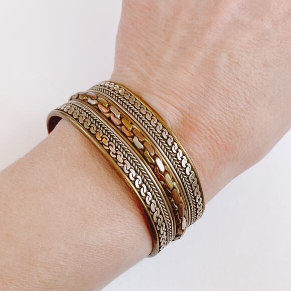 Vintage Boho Copper Mixed Metal Cuff Bracelet 1970s Ethnic Revival Jewelry - Picture 9 of 11